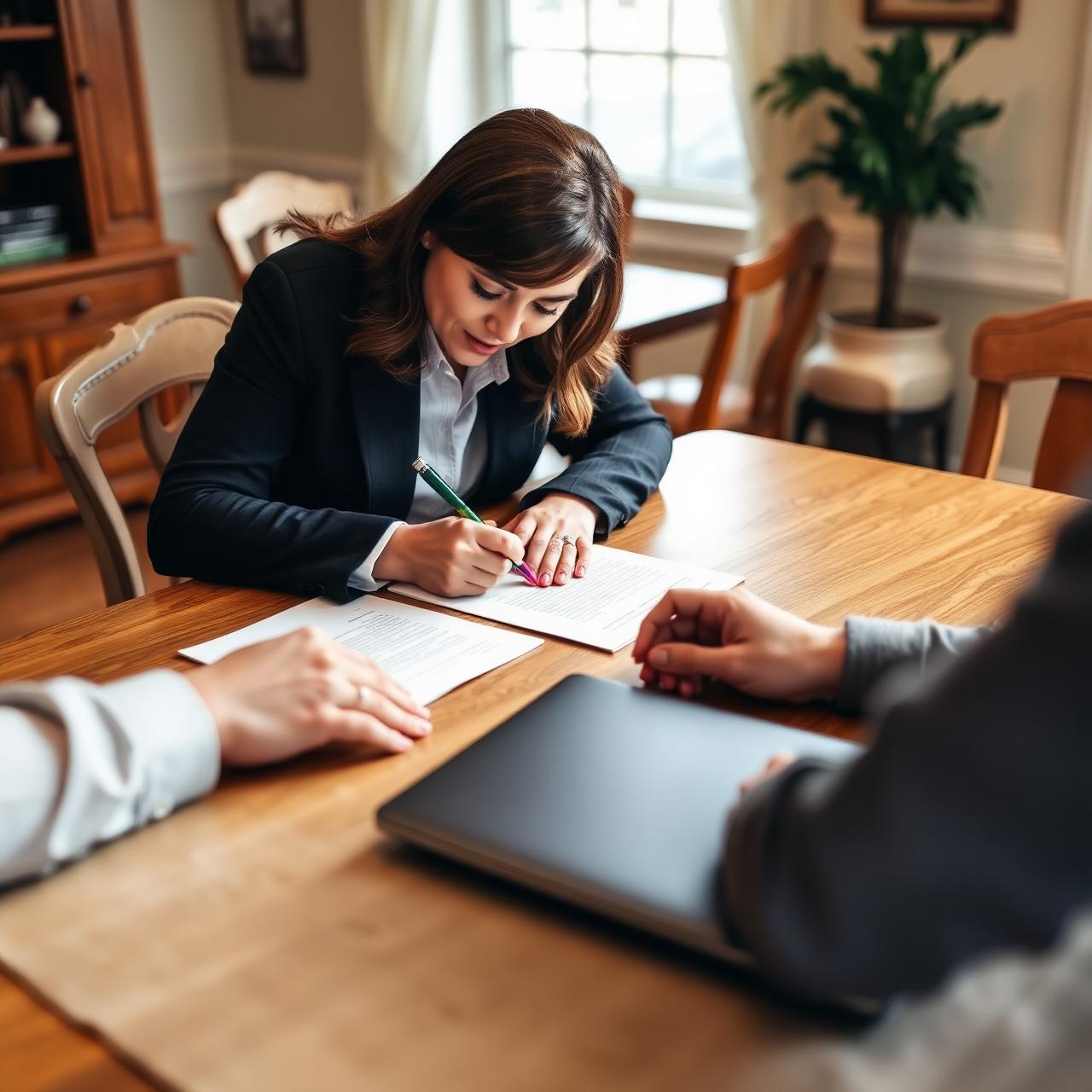Mobile notary walking client through a document signing at their home